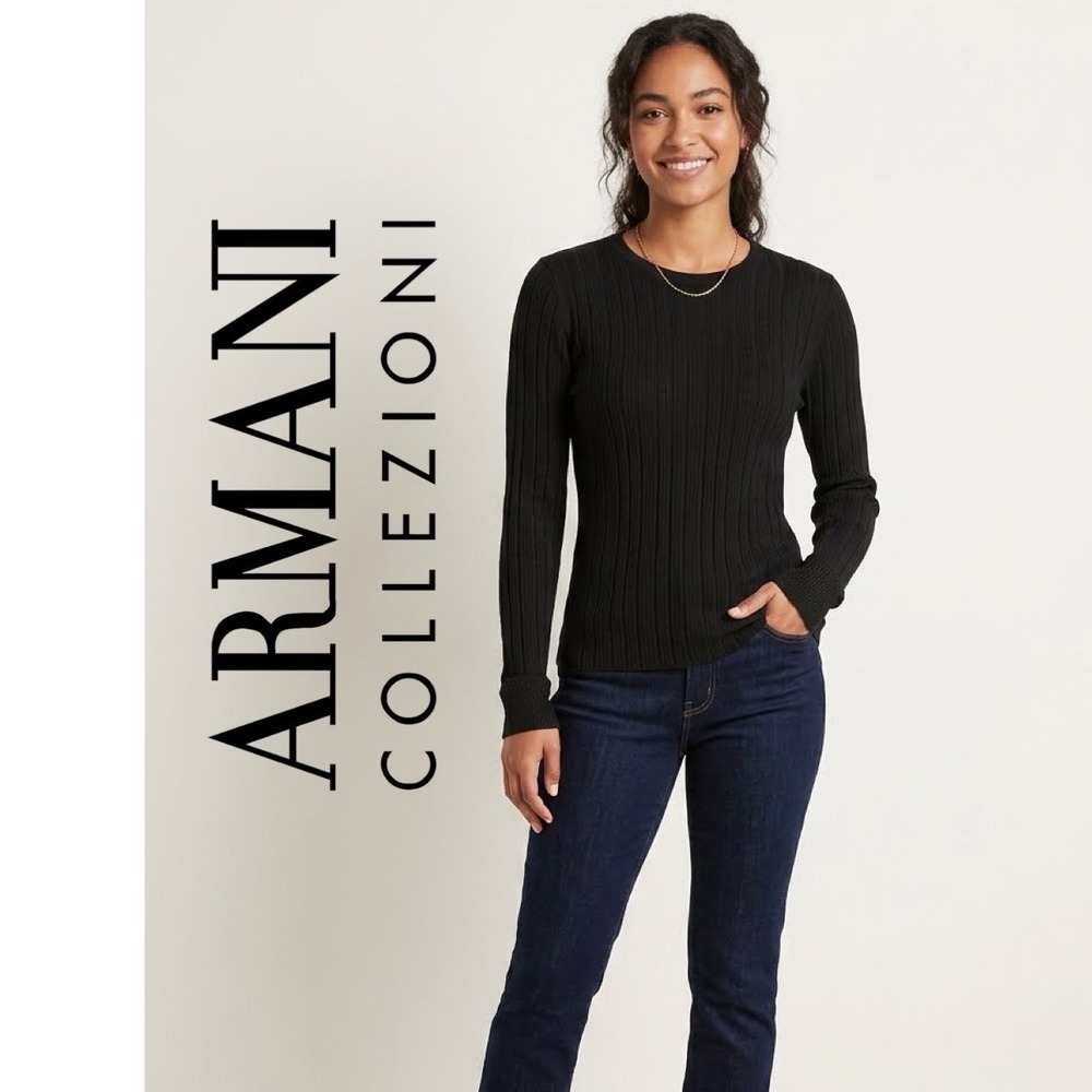 Armani Collezioni Black Ribbed Cashmere Blend Sweater Crew Neck Small E52038-16